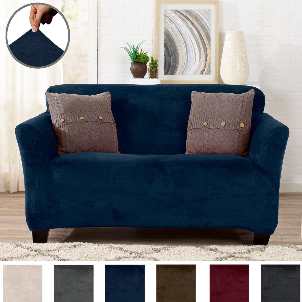 Velvet Stretch Slipcover Gale Collection navy velvet for Great Bay Home sofa on Tampa Home & Garden Store