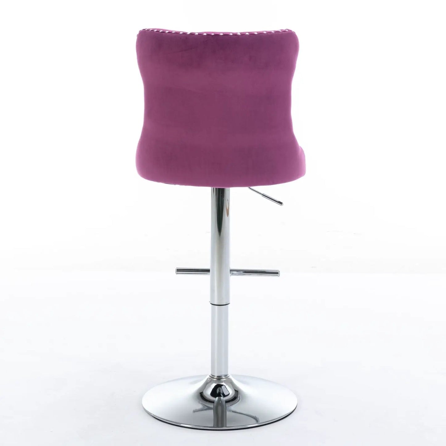Swivel barstool with purple velvet upholstery, backrest, chrome base and adjustable height on Tampa Home & Garden Store