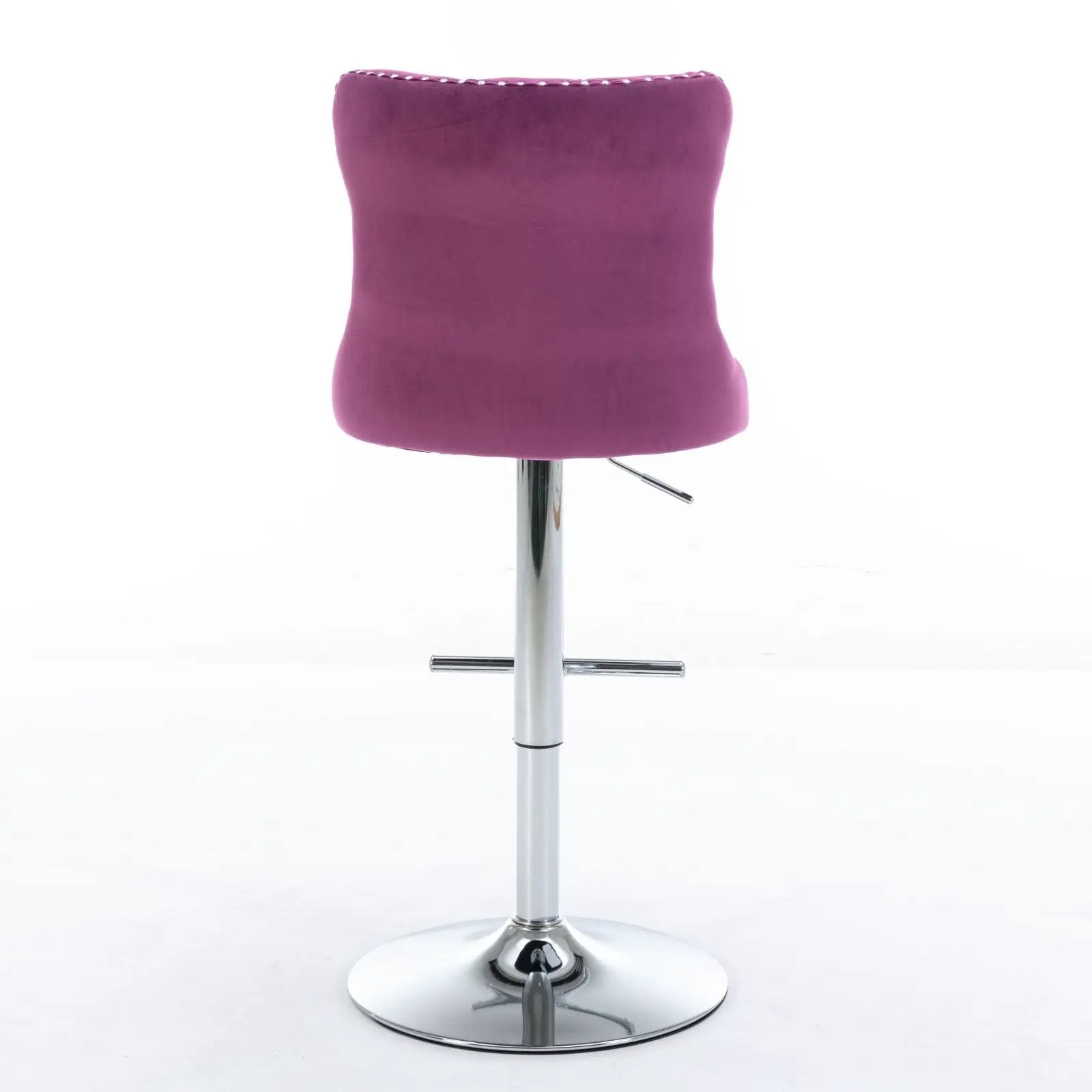 Swivel barstool with purple velvet upholstery, backrest, chrome base and adjustable height on Tampa Home & Garden Store