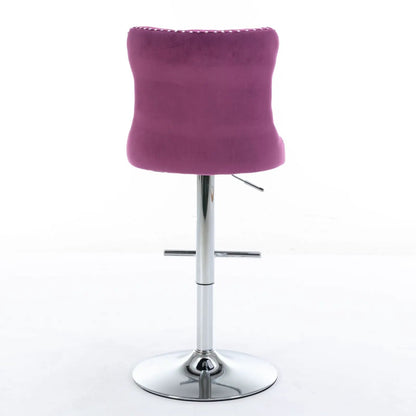 Swivel barstool with purple velvet upholstery, backrest, chrome base and adjustable height on Tampa Home & Garden Store