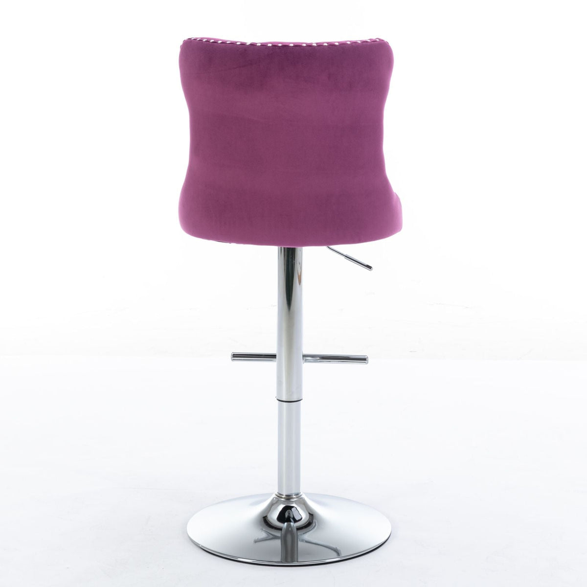 Purple velvet swivel barstool with chrome pedestal base, footrest, and adjustable height on Tampa Home & Garden Store