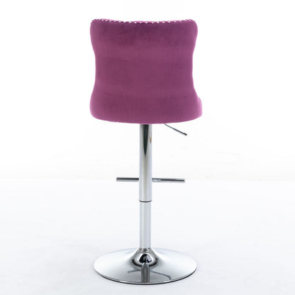 Purple velvet swivel barstool with chrome pedestal base, footrest, and adjustable height on Tampa Home & Garden Store