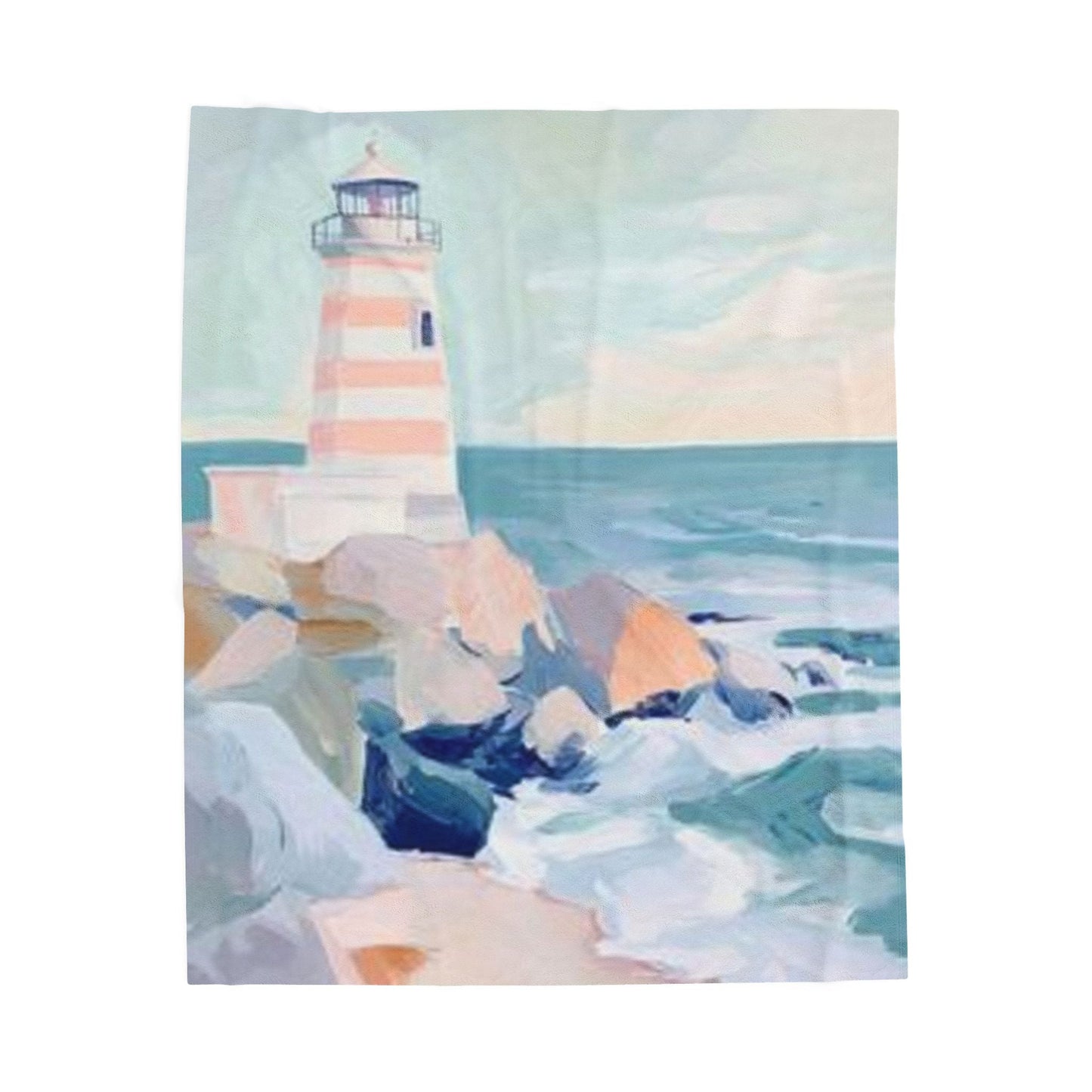 Coastal Lighthouse Velveteen Plush Blanket all-over pastel seascape print by Mai Autumn on Tampa Home & Garden Store