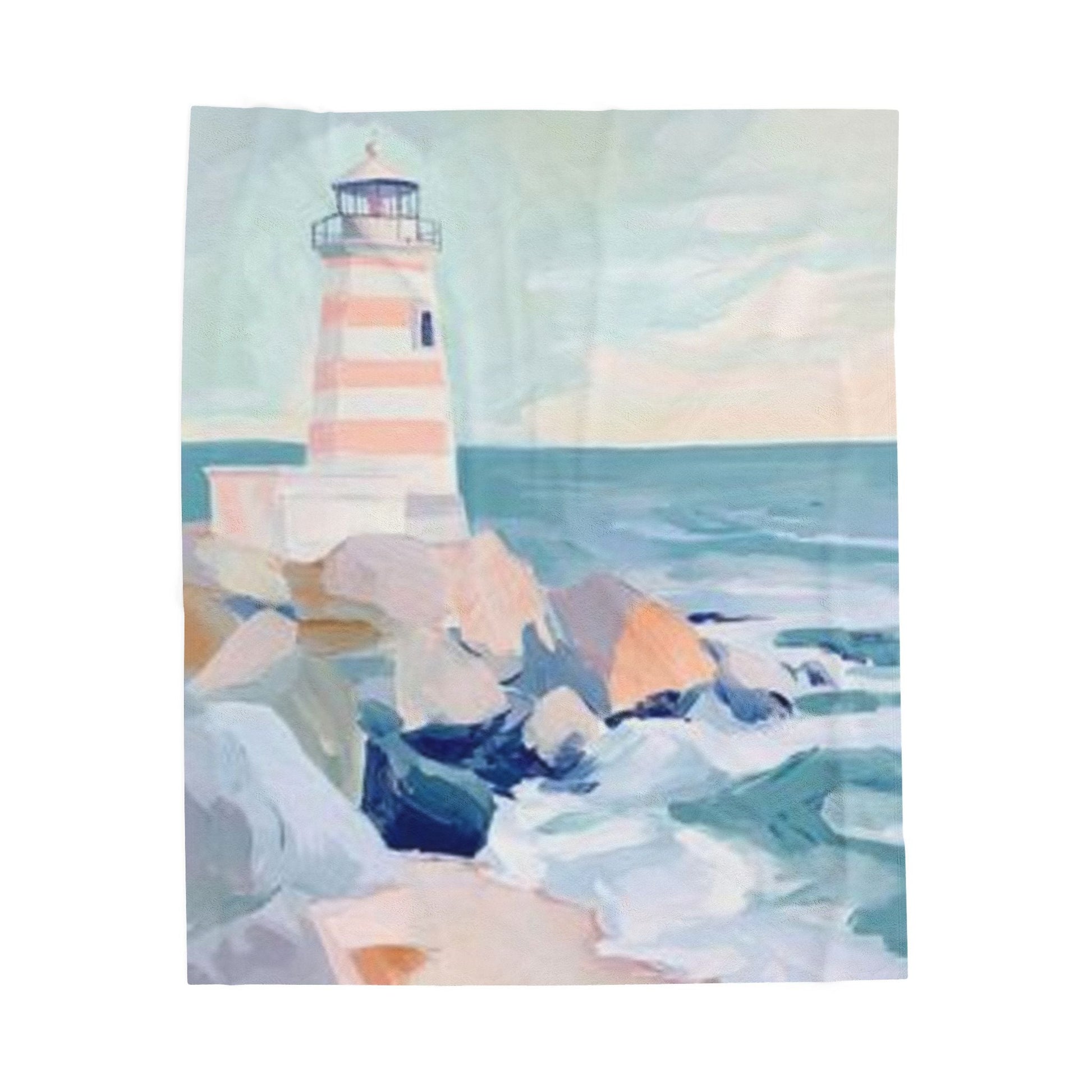 Coastal Lighthouse Velveteen Plush Blanket all-over pastel seascape print by Mai Autumn on Tampa Home & Garden Store