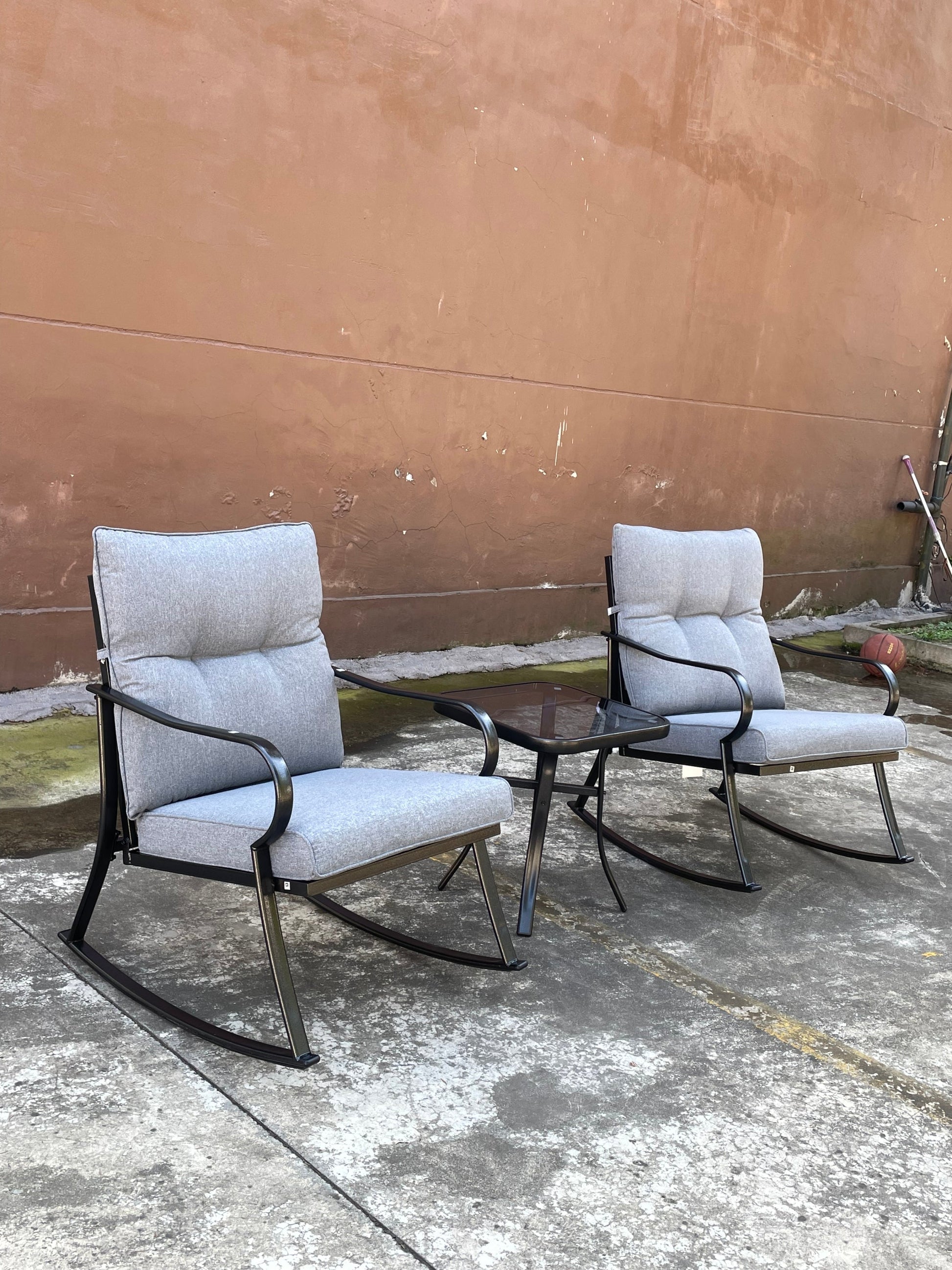 Rocker Set Chair and Teapoy Grey outdoor set with 2 grey cushioned rockers and glass table on Tampa Home & Garden Store