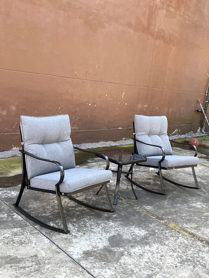 Rocker Set Chair and Teapoy Grey outdoor set with 2 grey cushioned rockers and glass table on Tampa Home & Garden Store