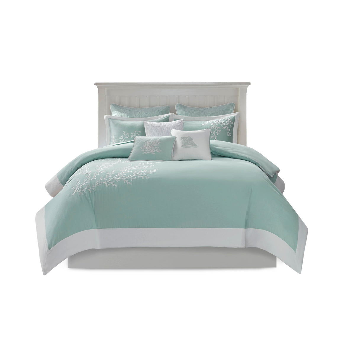 Aqua Duvet Cover Mini Set with white coral embroidery by HouseOfZazla, King/Cal King on Tampa Home & Garden Store