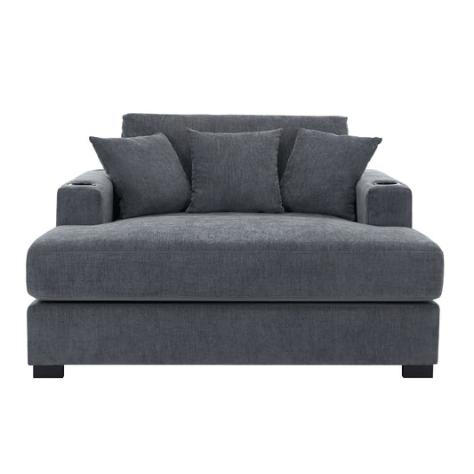 Oversized chaise longue sofa in gray fabric with pillows and cup holders on Tampa Home & Garden Store
