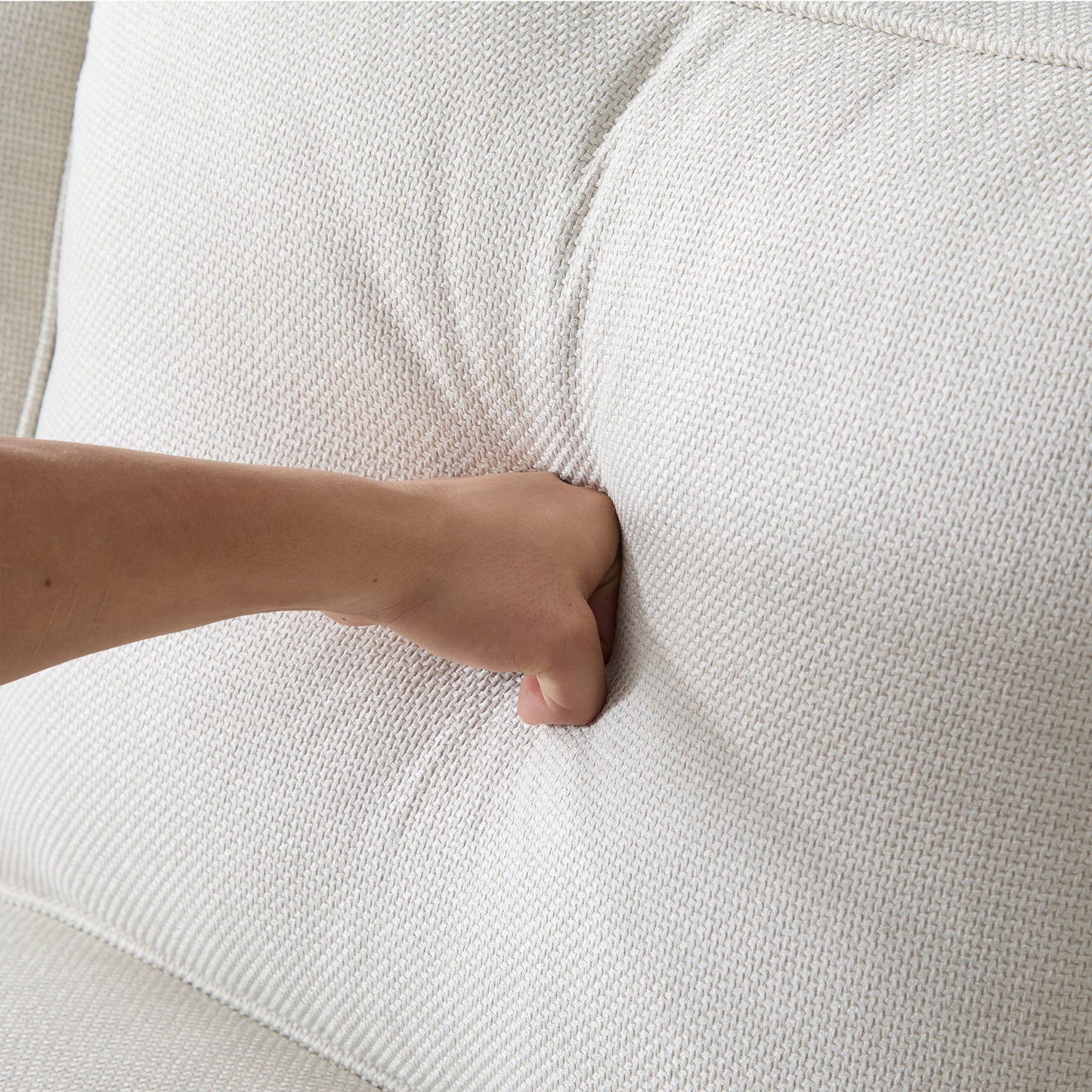 40.16 in beige faux leather rolled-arm sofa close-up; beige fabric with brown leather arm on Tampa Home & Garden Store