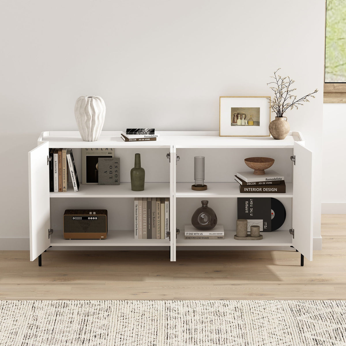 Abbey Sideboard by HouseOfZazla, white finish with adjustable shelves on Tampa Home & Garden Store