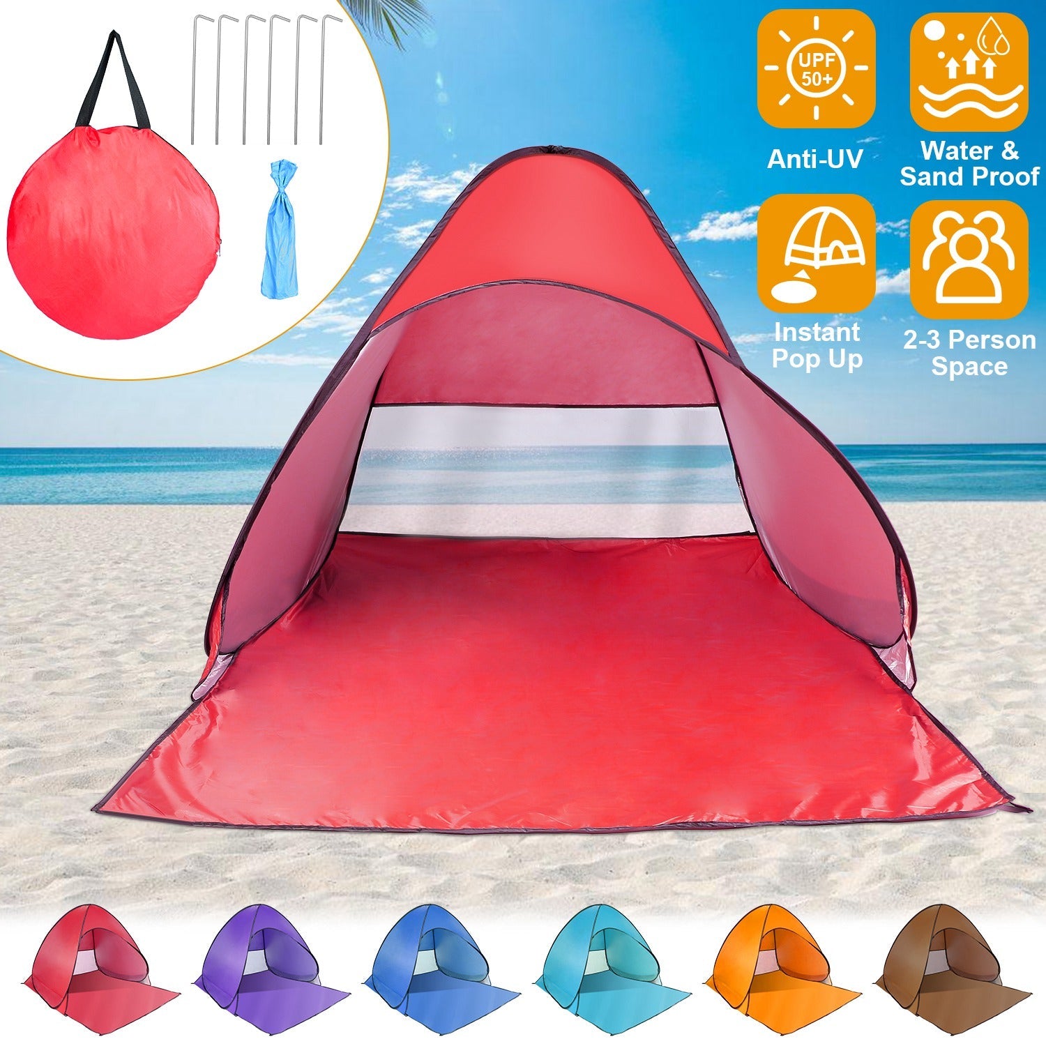 GemGear pop-up beach tent anti-UV waterproof 2-3 person with net window and storage bag red on Tampa Home & Garden Store