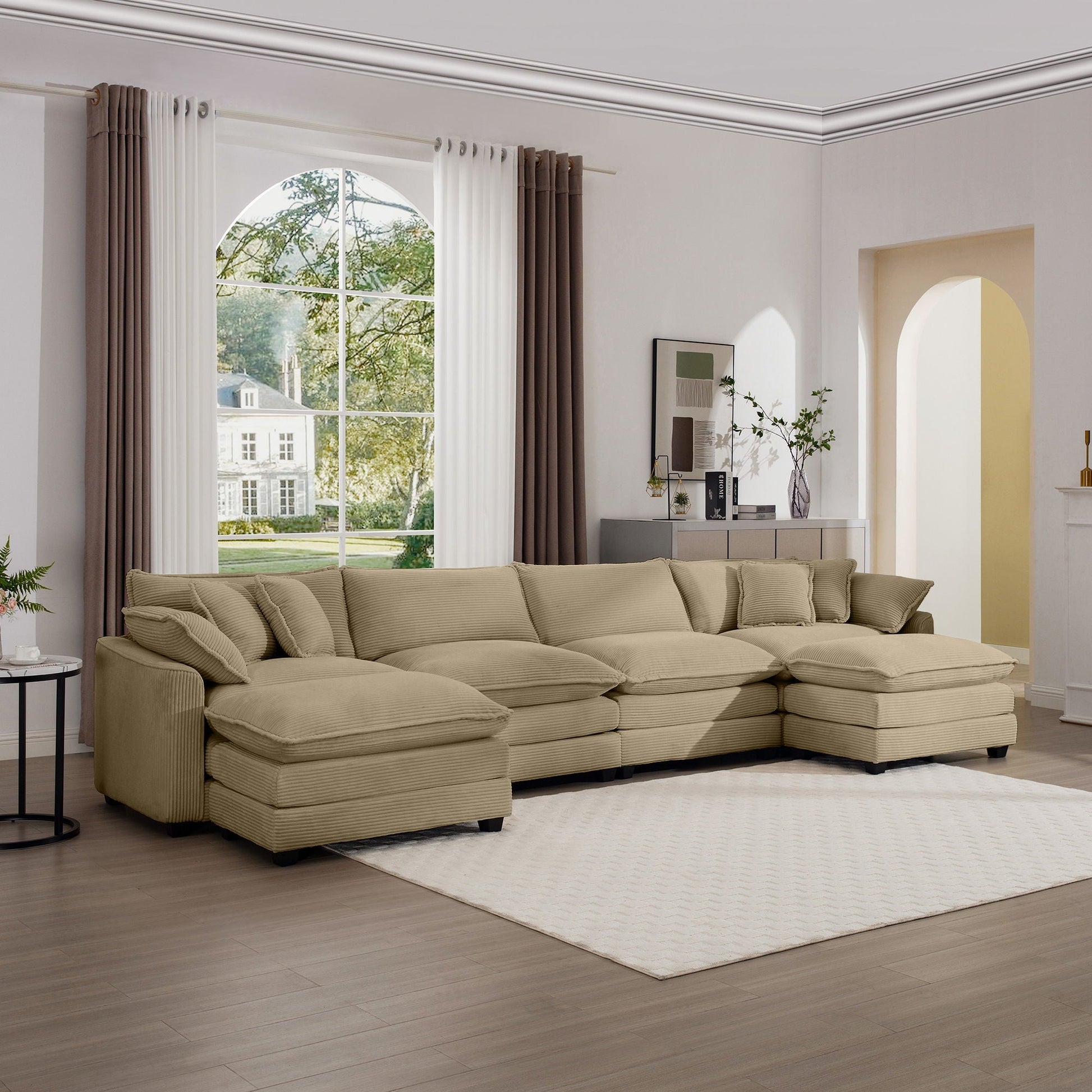 Modern oversized modular cushion sofa with ottoman 2-piece beige fabric, deep seating, low back on Tampa Home & Garden Store