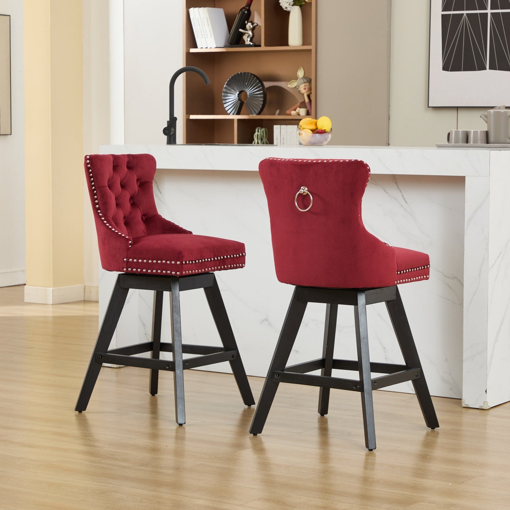 Swivel velvet barstools with button tufting, wine red, set of 2 by HouseOfZazla on Tampa Home & Garden Store