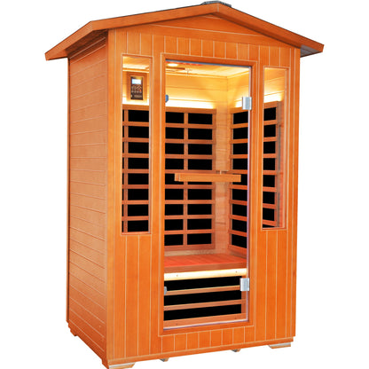 HouseOfZazla outdoor sauna room for 2 with natural wood finish and glass panels on Tampa Home & Garden Store