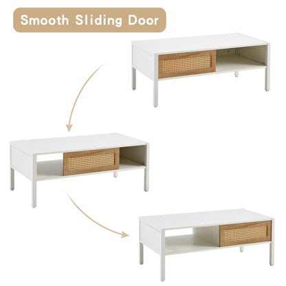 Modern Rattan Coffee Table with Sliding Door white finish cane panel pair by HouseOfZazla on Tampa Home & Garden Store
