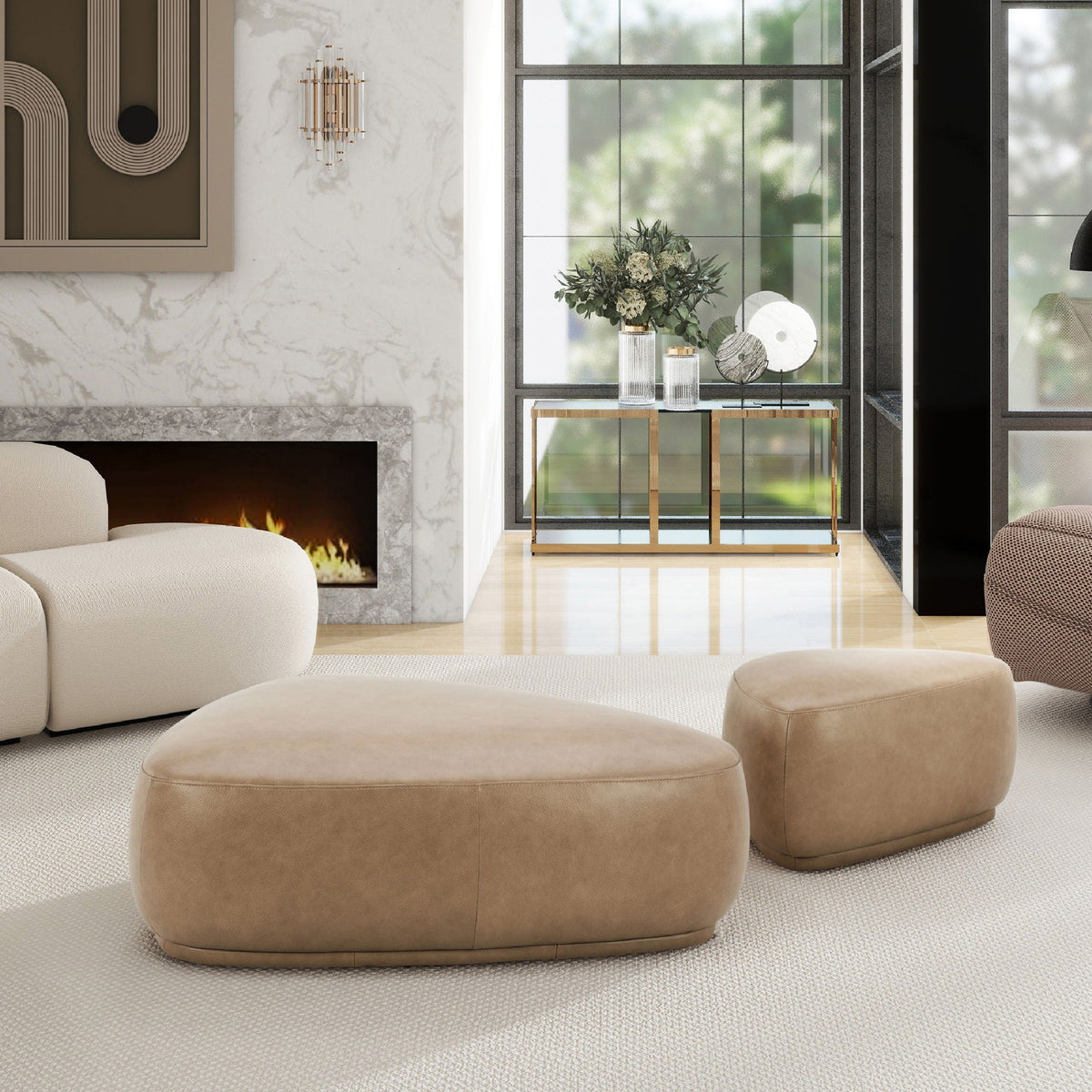 Pebble rounded triangle cocktail ottomans in light brown upholstery, 3-piece HouseOfZazla set on Tampa Home & Garden Store