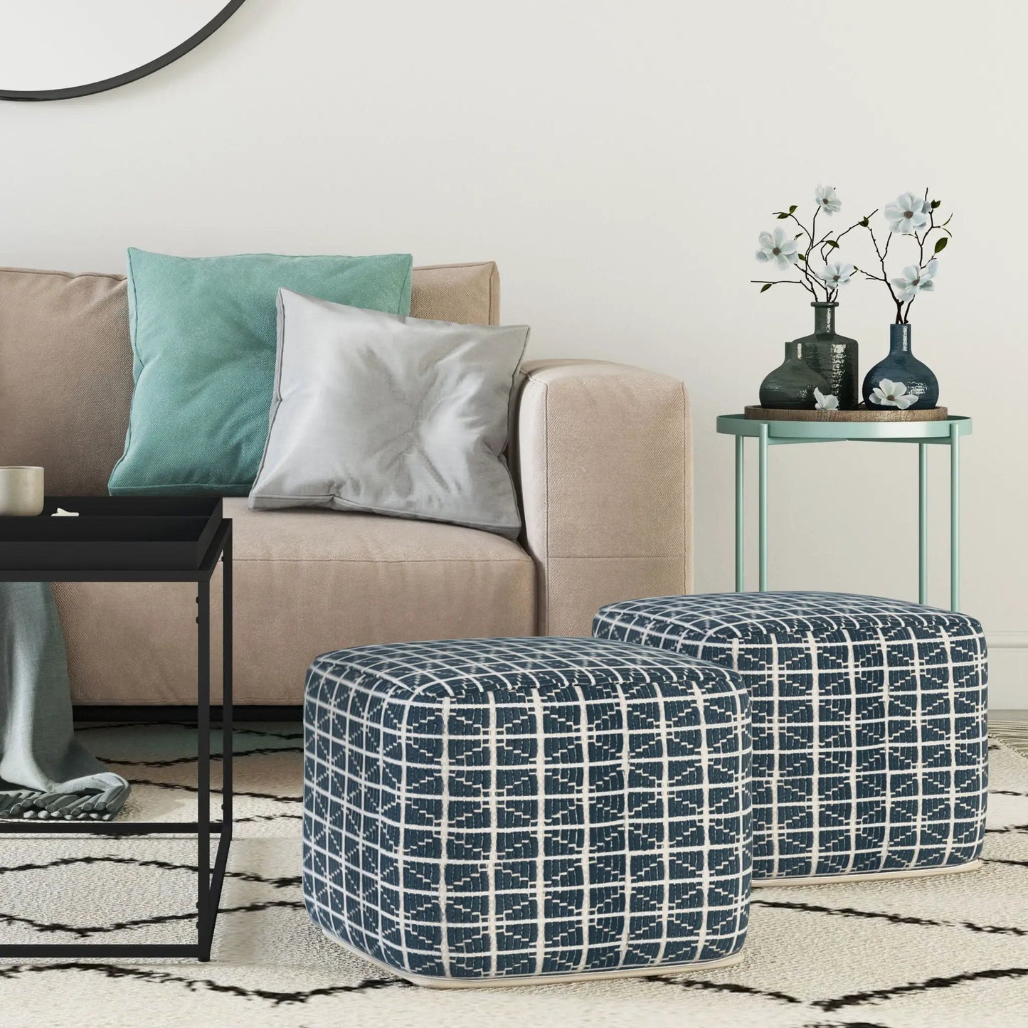 Noreen Upholstered Square Pouf Hand Woven Dark