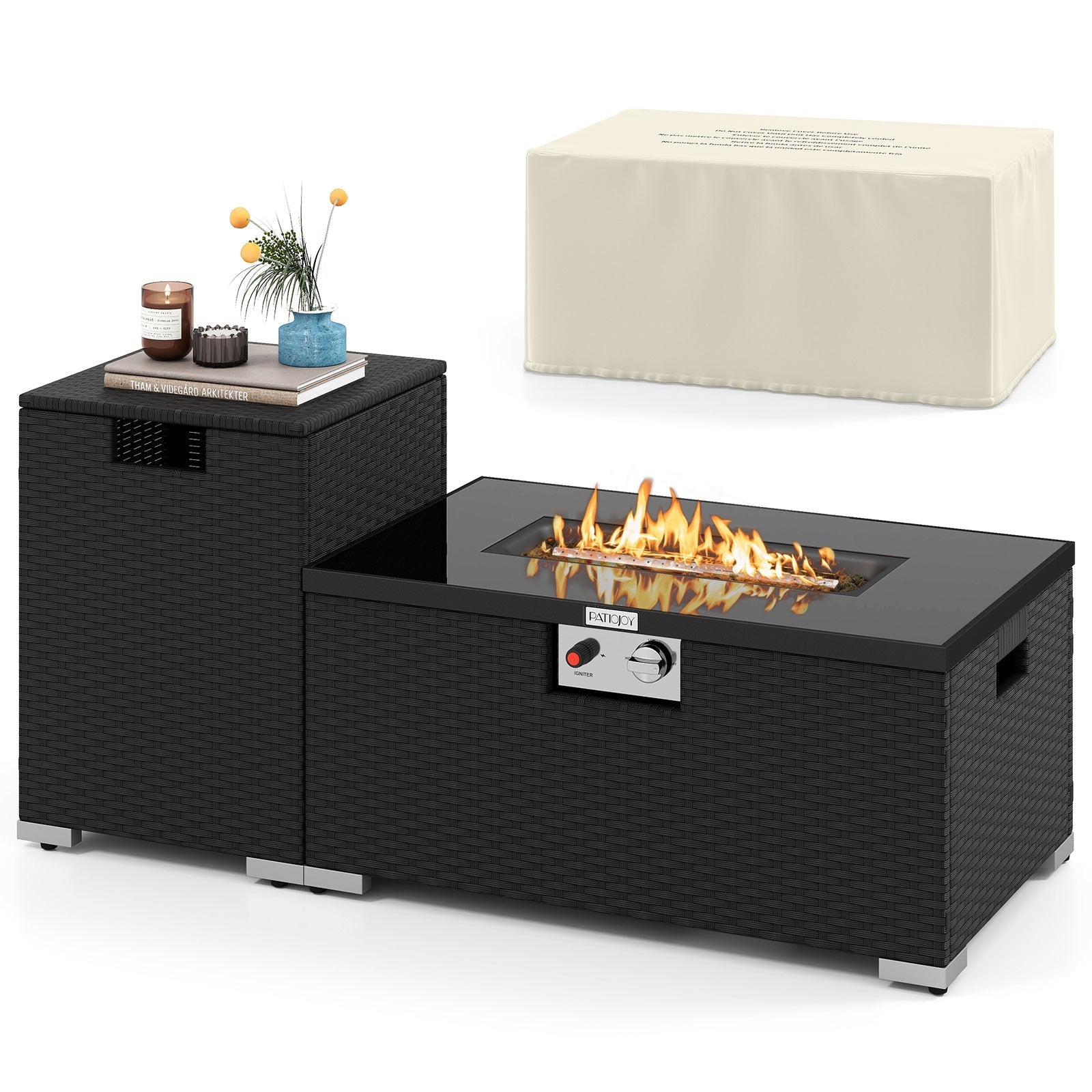 2-Piece rattan fire table set with 32in black wicker gas fire pit and tank cover PATIOJOY on Tampa Home & Garden Store