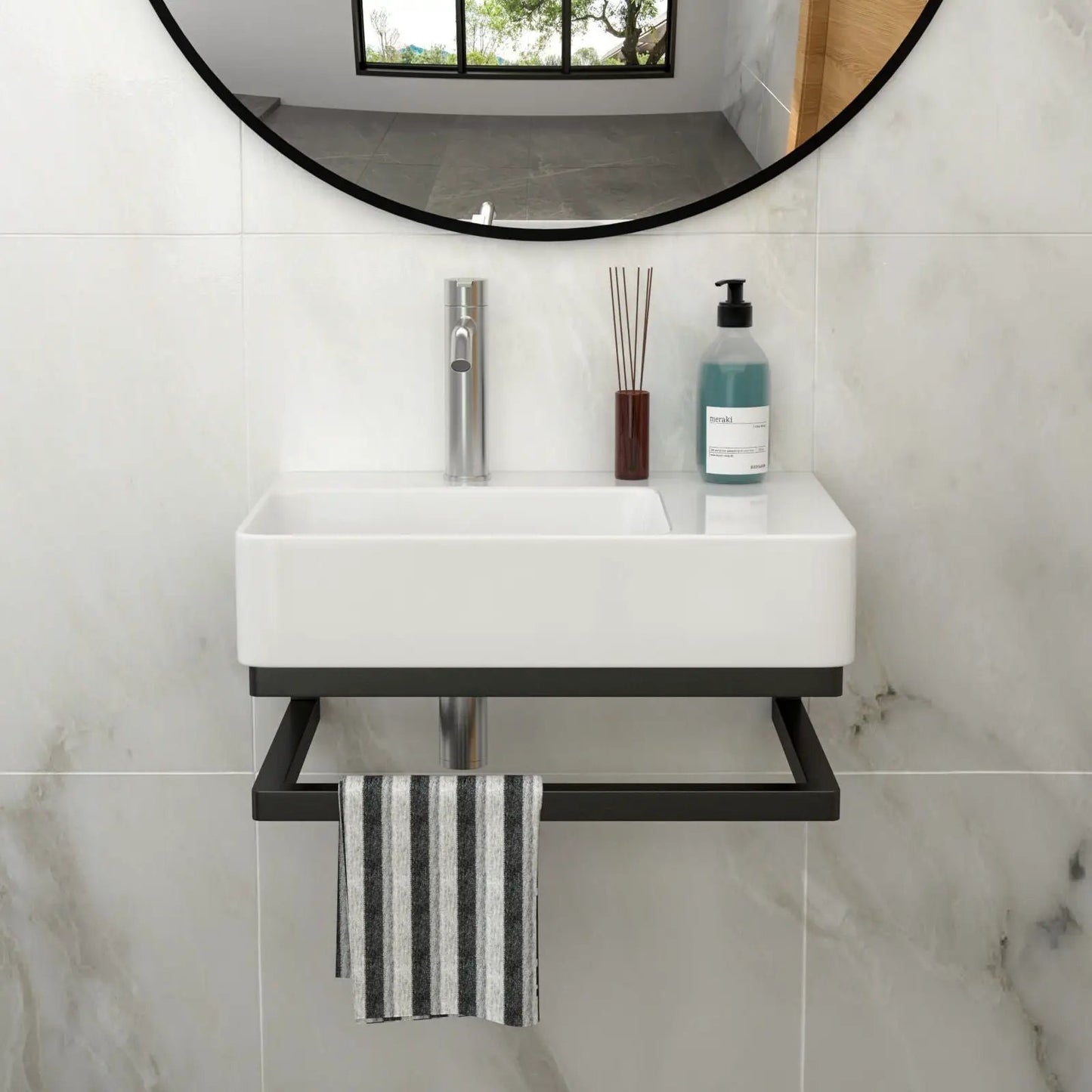 Wall Mount Sink Towel Bar Faucet Hole White