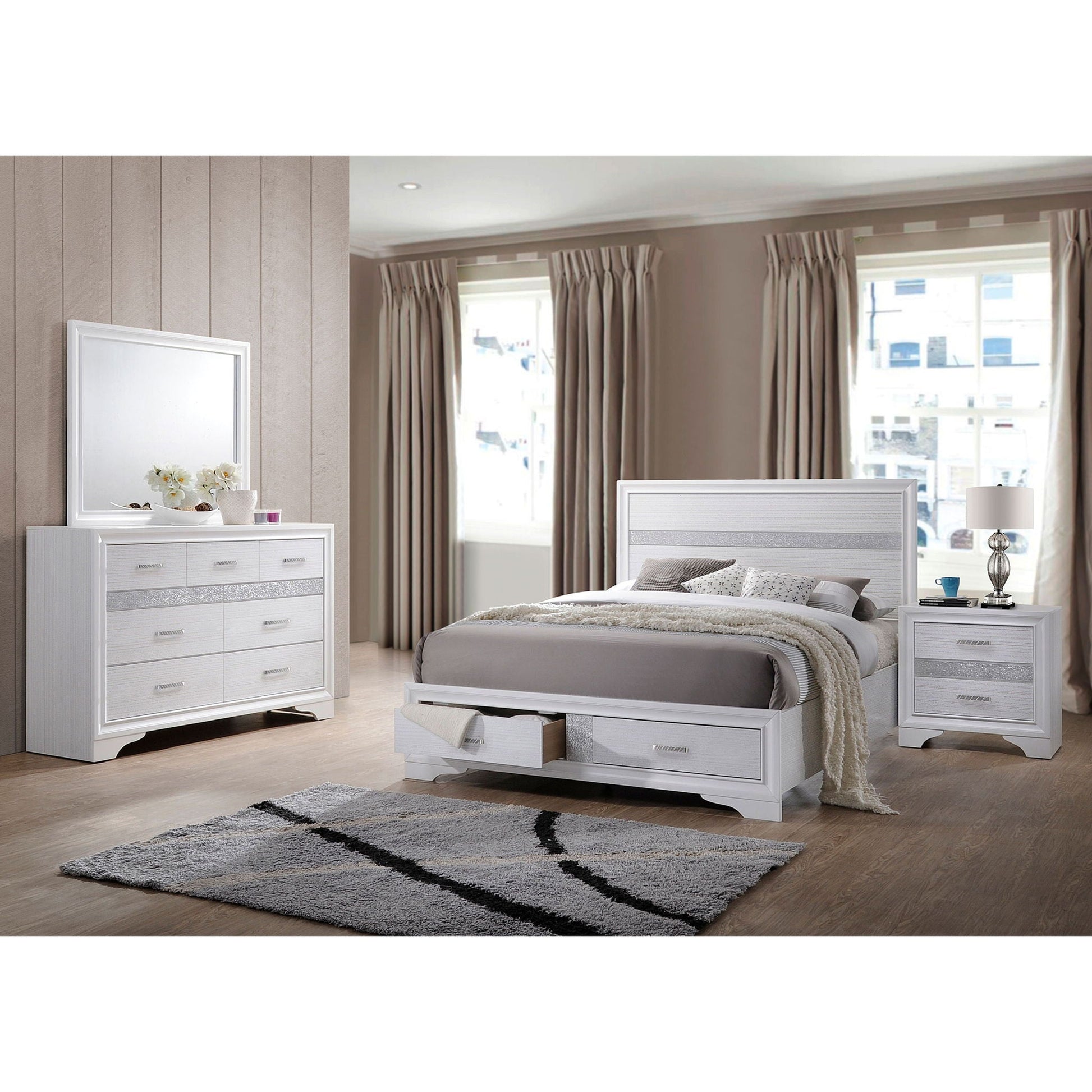 Corbin Glittering Bedroom Set, 4-piece white/silver furniture by HouseOfZazla on Tampa Home & Garden Store