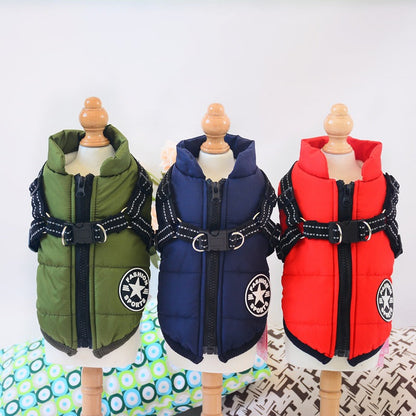 Pet Zen winter hooded dog coats in green, blue, red with harness straps and star patch (3-pack) on Tampa Home & Garden Store