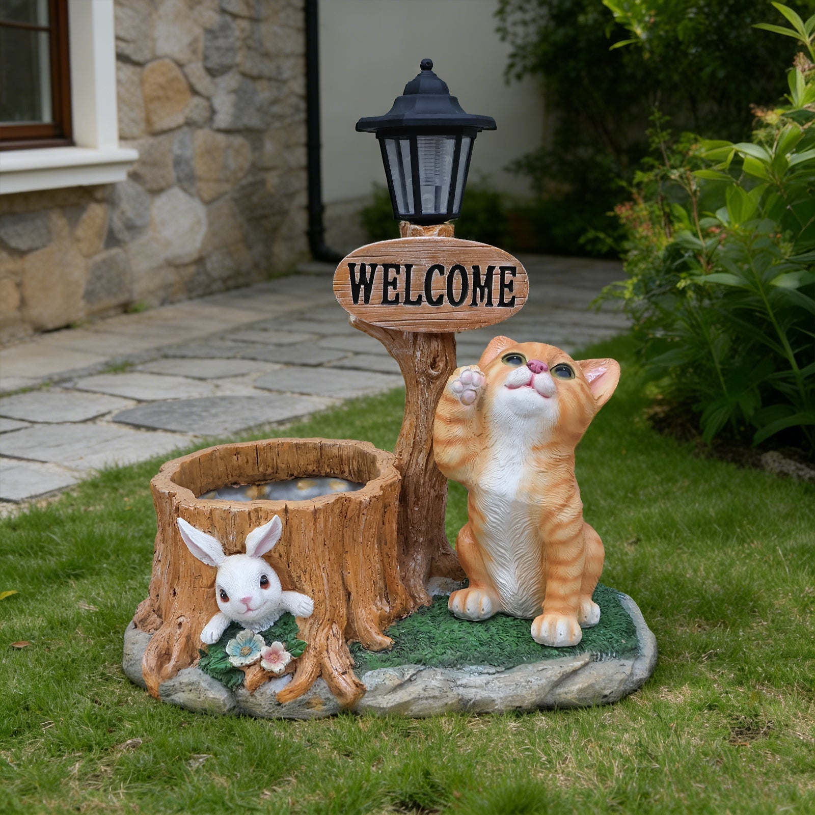 Cat Planter Statue with welcome sign and lantern; orange tabby cat beside bunny on Tampa Home & Garden Store