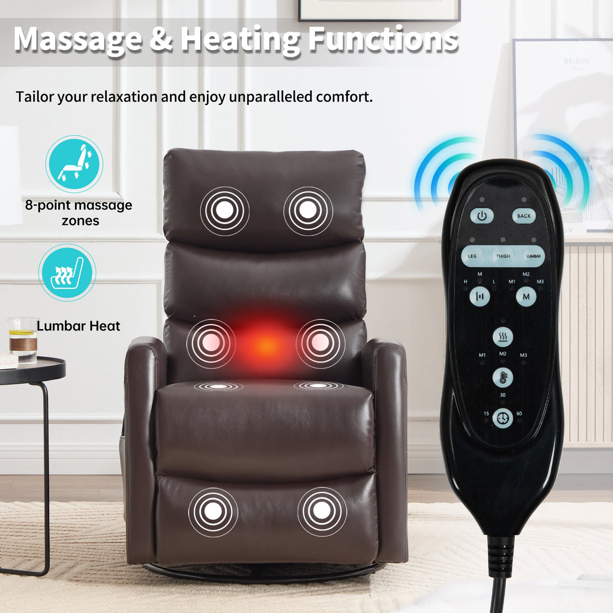 Brown leather heat massage manual recliner chair with rocker and swivel by HouseOfZazla, remote on Tampa Home & Garden Store