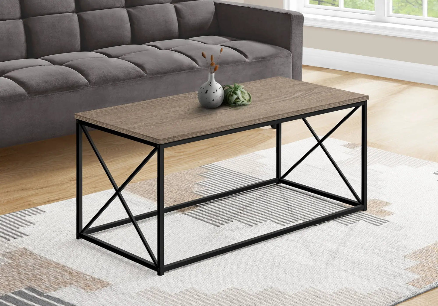 Rectangular coffee table with wood top and black metal frame; vase and succulent (2) on Tampa Home & Garden Store