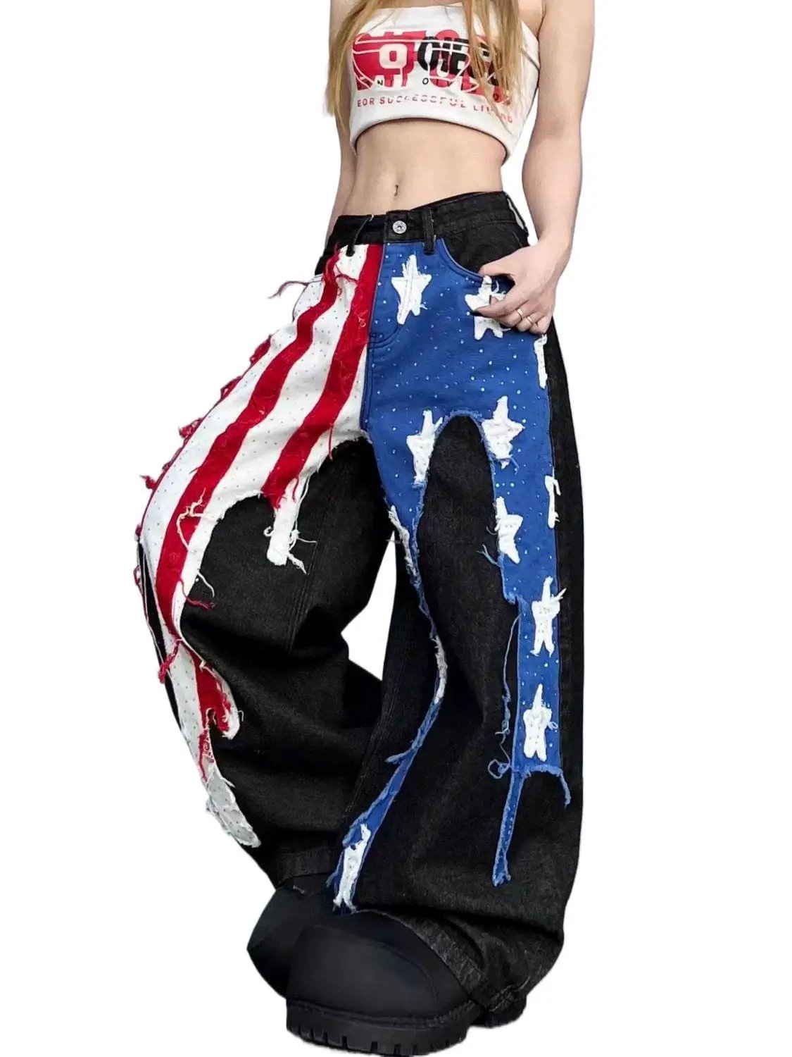 Womens American-style heat-pressed patch jeans with flag stripes, panels, FLIPSTYLEZLLC on Tampa Home & Garden Store