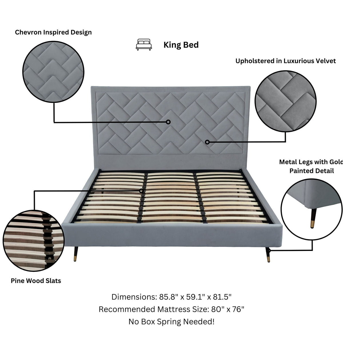 Crosby bed with upholstered chevron velvet headboard and slats in grey, king size by HouseOfZazla on Tampa Home & Garden Store