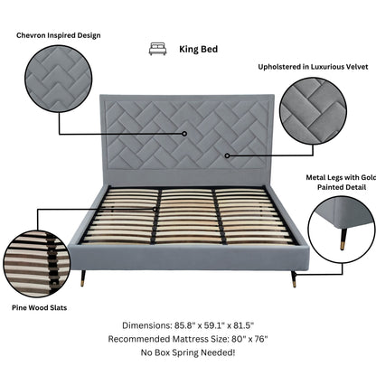 Crosby bed with upholstered chevron velvet headboard and slats in grey, king size by HouseOfZazla on Tampa Home & Garden Store