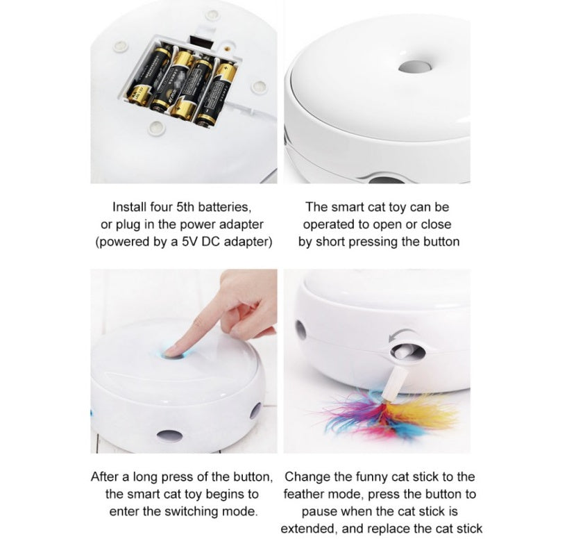 Electric cat toy with donut-style turntable, white battery-powered device, includes feather wand on Tampa Home & Garden Store