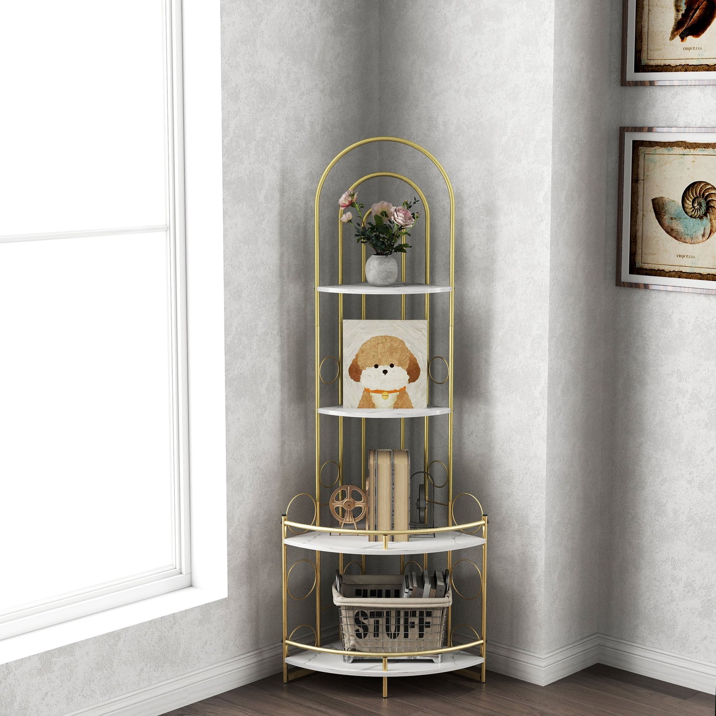 Gold 4-Tier Corner Bookshelf, Modern Style, Plant Stand with Metal Frame - Tampa Home & Garden Store