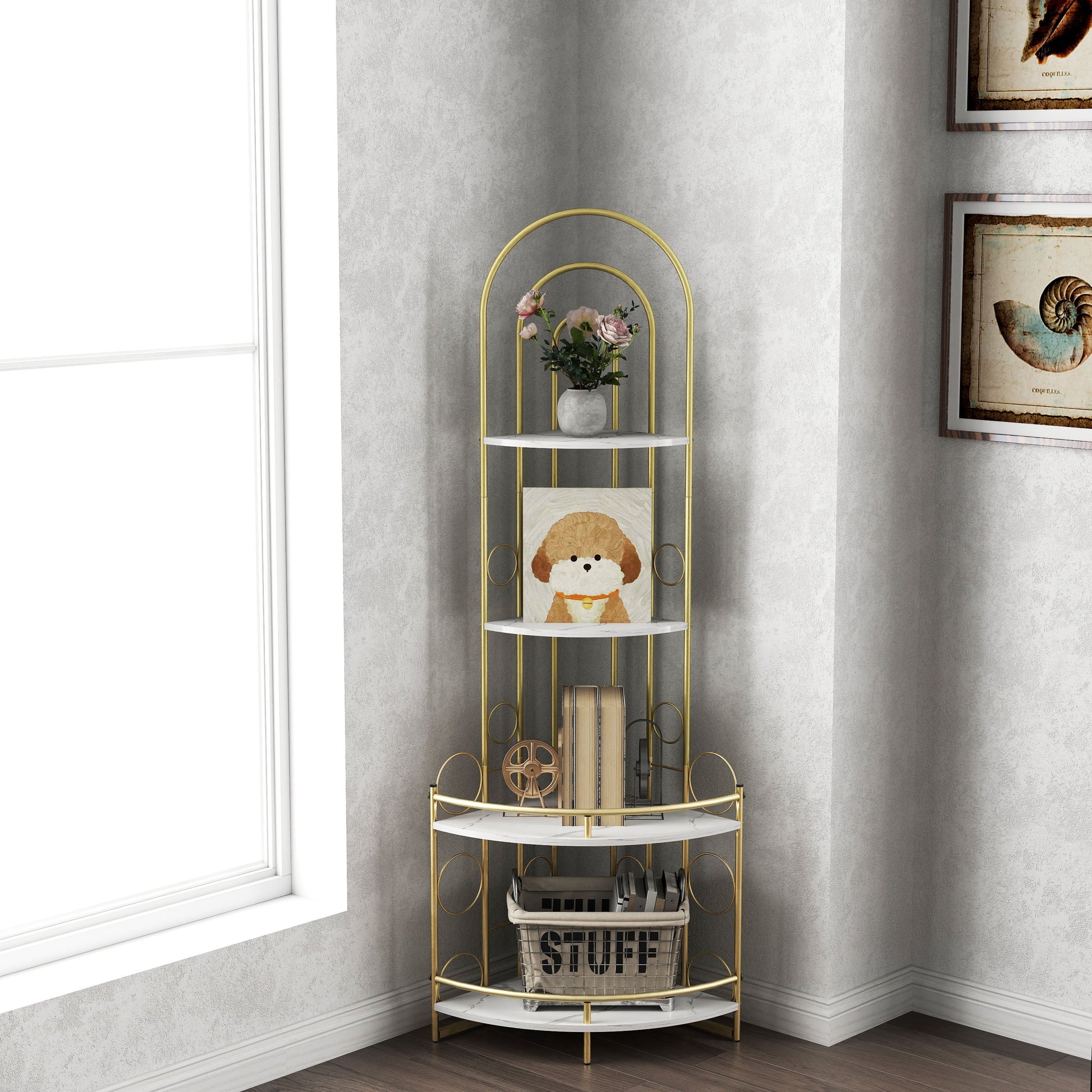 Gold 4-Tier Corner Bookshelf, Modern Style, Plant Stand with Metal Frame - Tampa Home & Garden Store