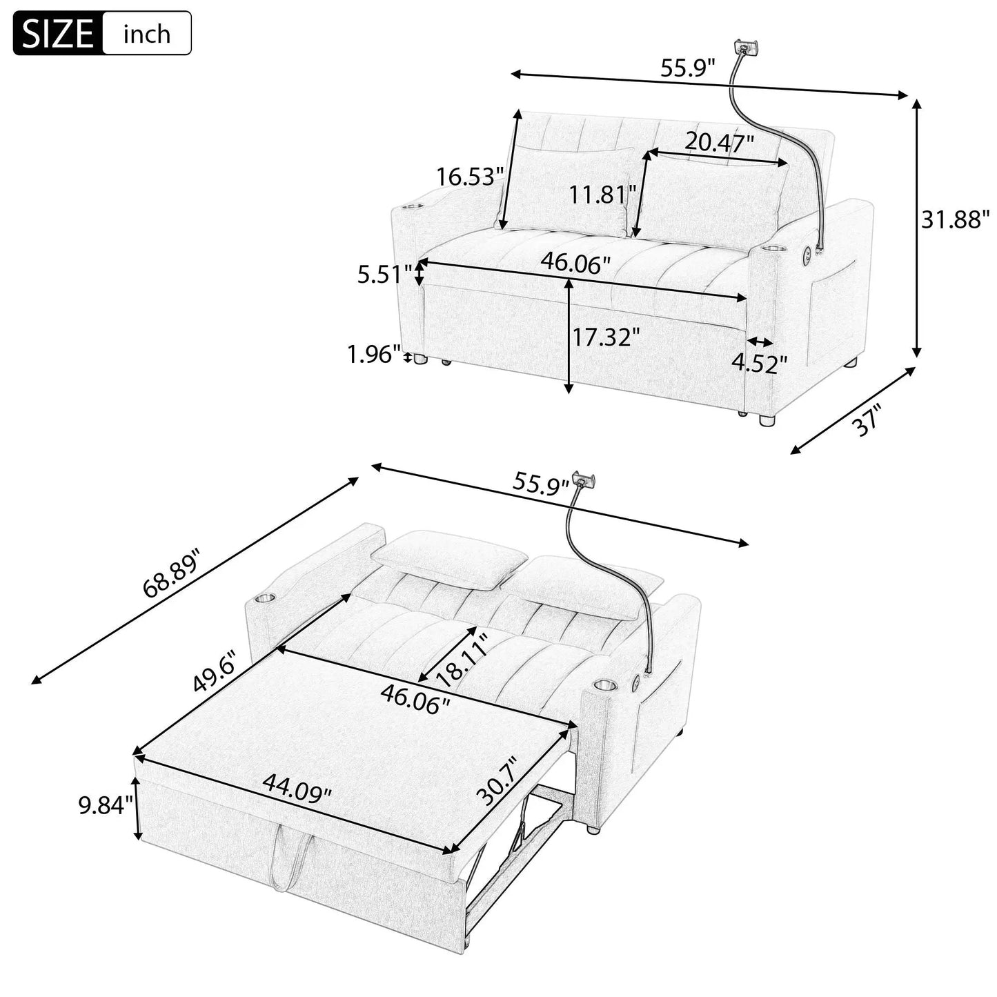 Convertible sofa bed with 3 USB ports, 2 pockets, 2 cup holders, 360° swivel phone holder on Tampa Home & Garden Store