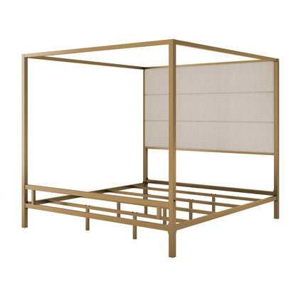 Canopy bed with tall beige upholstered headboard and four-poster brass frame by HouseOfZazla on Tampa Home & Garden Store