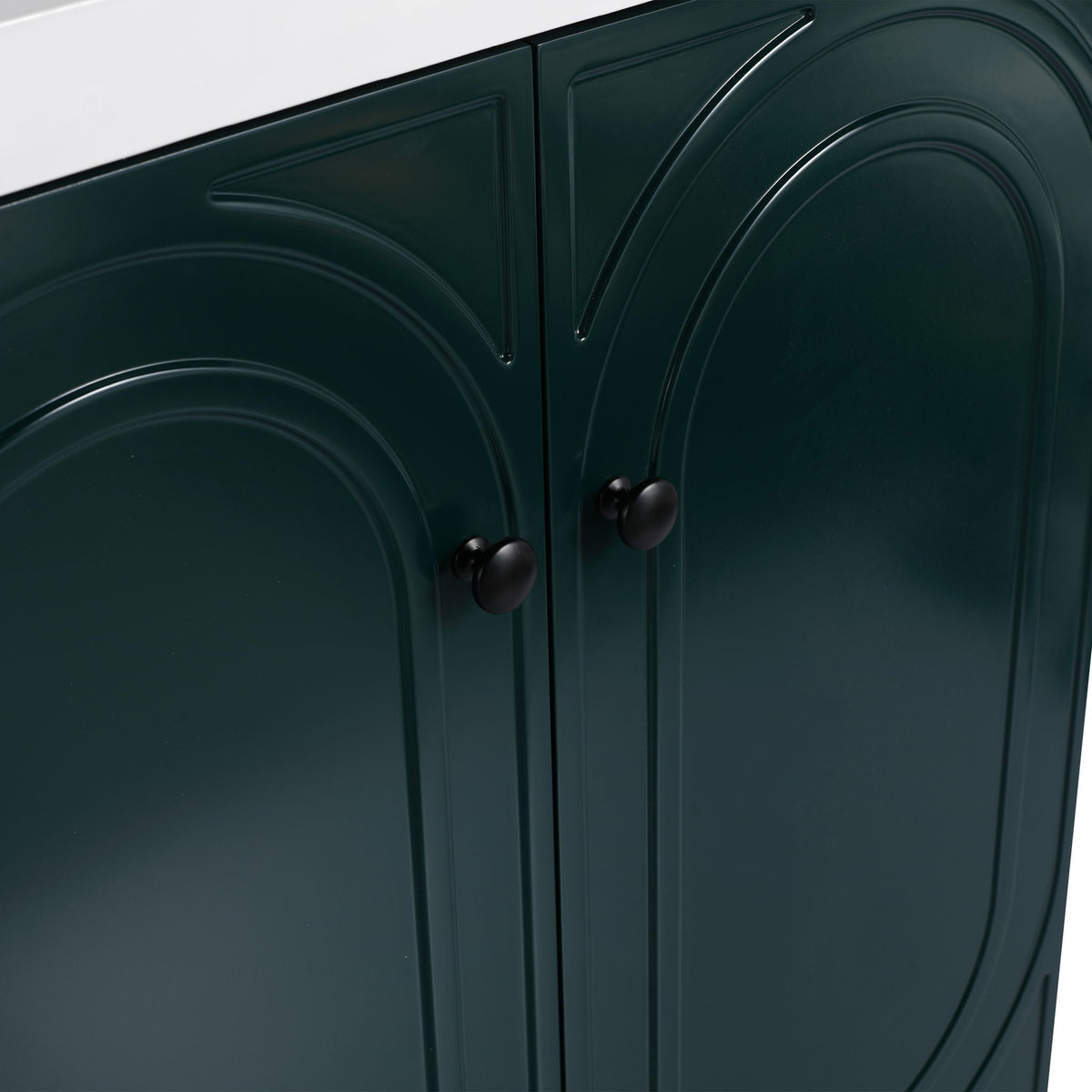 Freestanding bathroom vanity with soft-close doors in dark green, embossed circular panels on Tampa Home & Garden Store