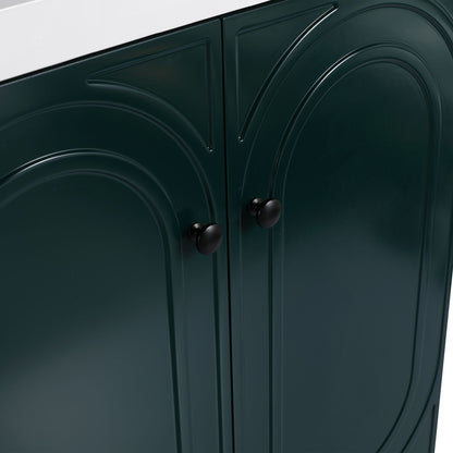 Freestanding bathroom vanity with soft-close doors in dark green, embossed circular panels on Tampa Home & Garden Store
