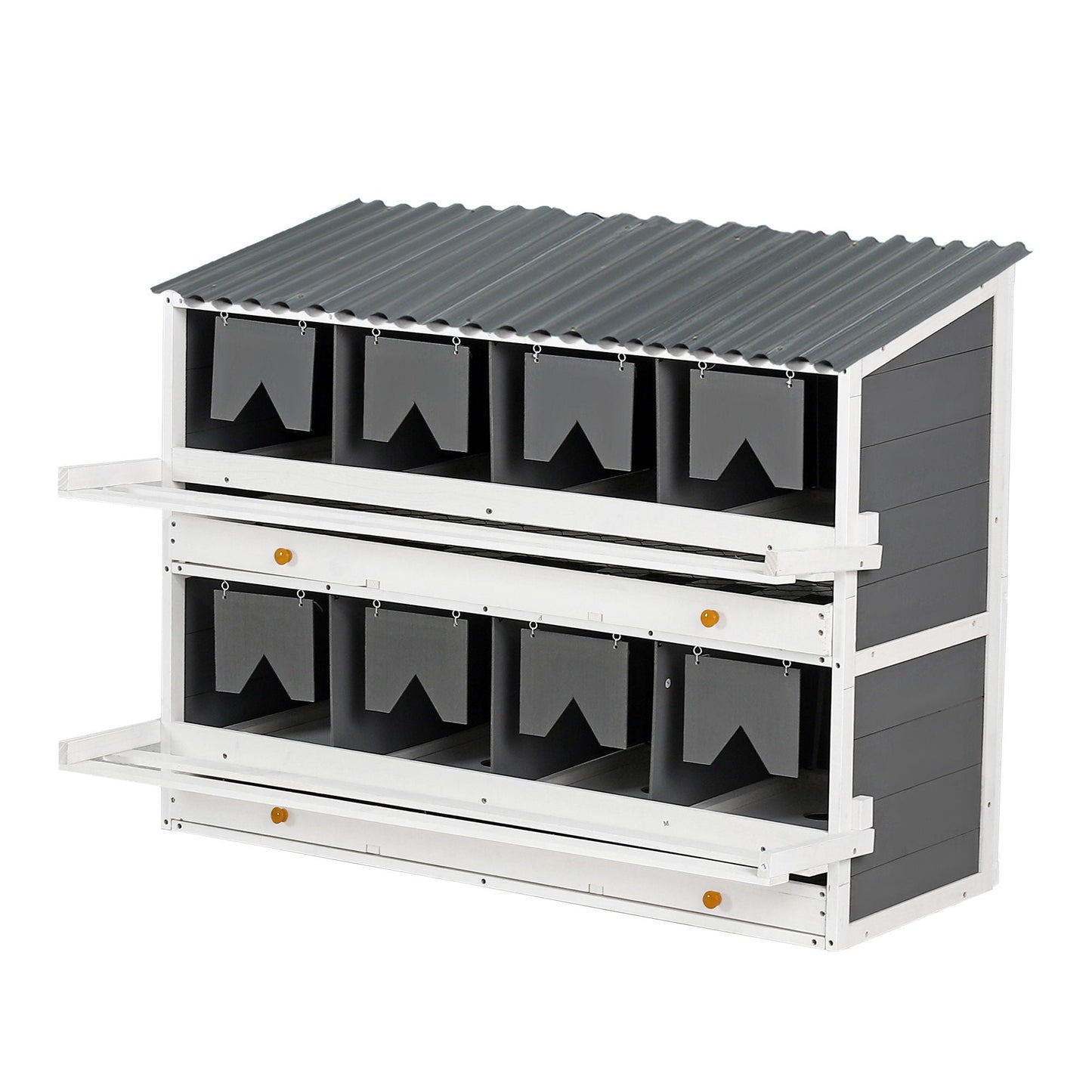 Wooden chicken nesting box with white frame, gray roof and 2 egg collection drawers on Tampa Home & Garden Store