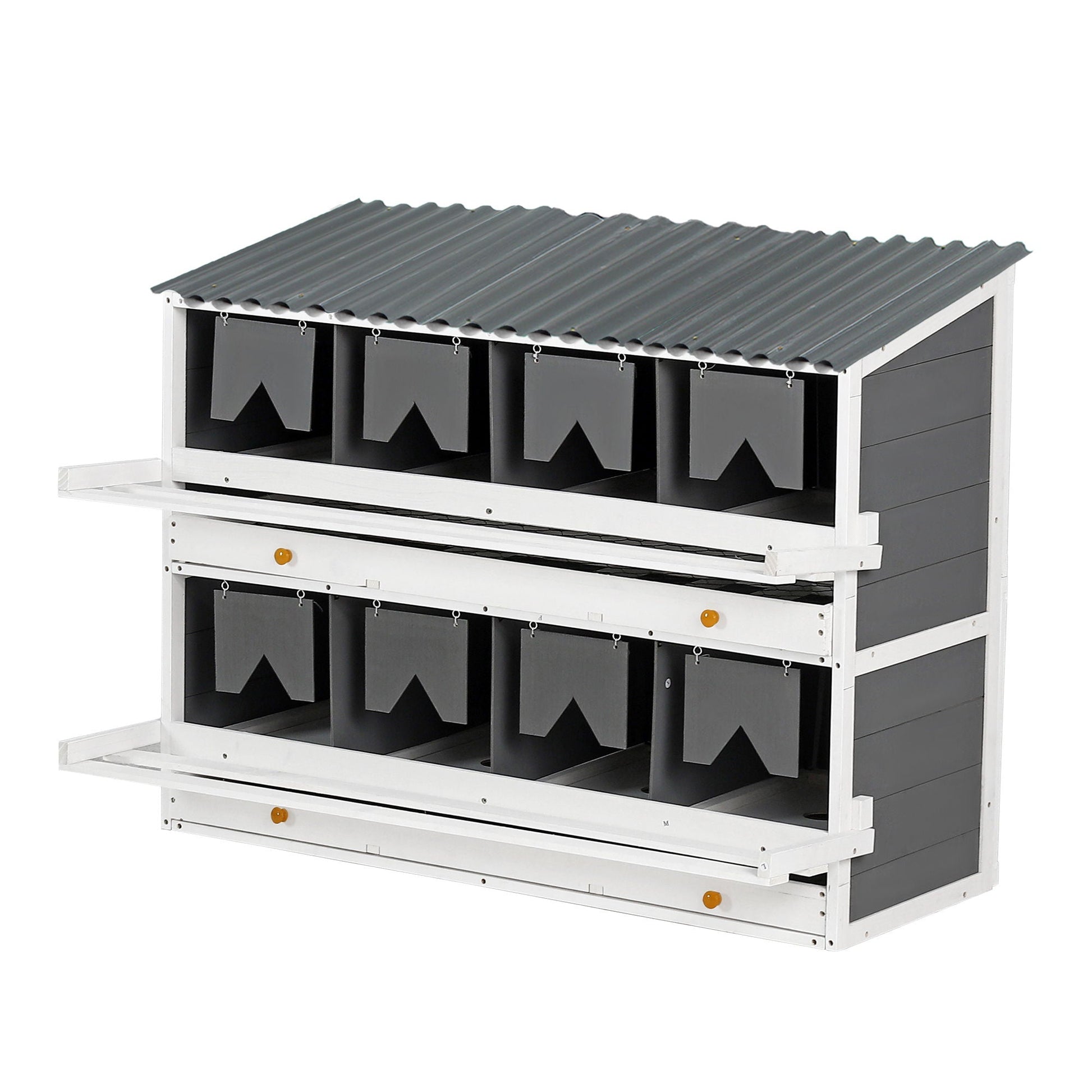 Wooden chicken nesting box with white frame, gray roof and 2 egg collection drawers on Tampa Home & Garden Store