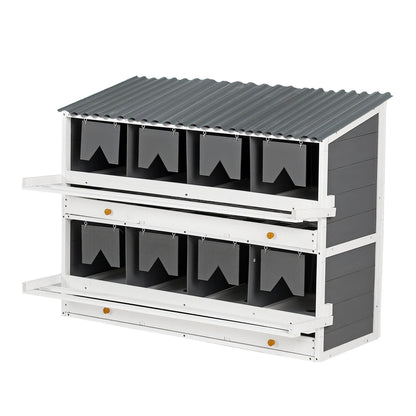 Wooden chicken nesting box with white frame, gray roof and 2 egg collection drawers on Tampa Home & Garden Store