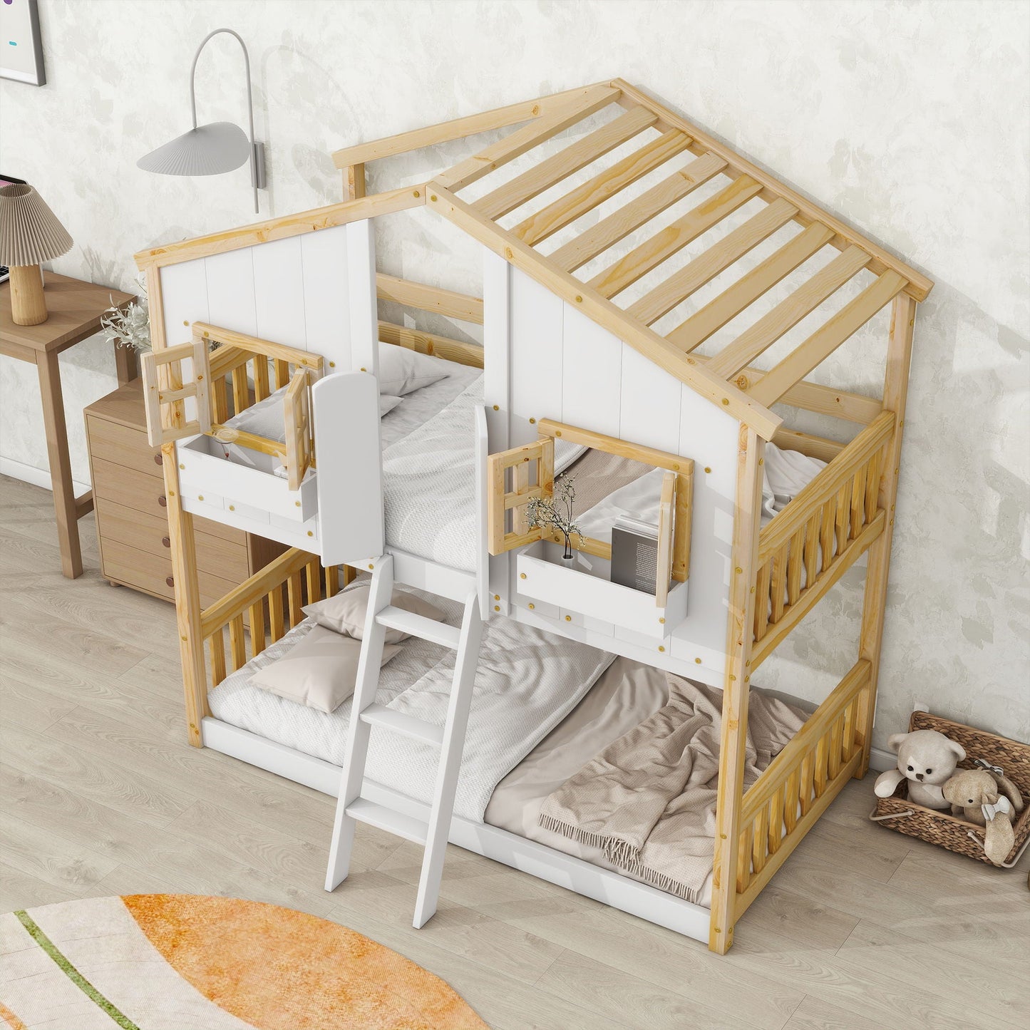 HouseOfZazla wooden house bunk bed with roof, window box, guardrails and ladder on Tampa Home & Garden Store