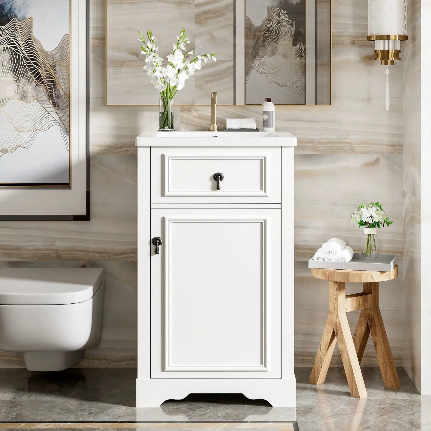 Elegant Vanity With Ceramic Sink and Shelf