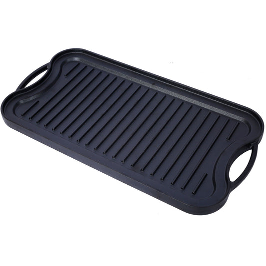 Cast iron reversible rectangular grill/griddle pan in black with ridged surface and side handles on Tampa Home & Garden Store