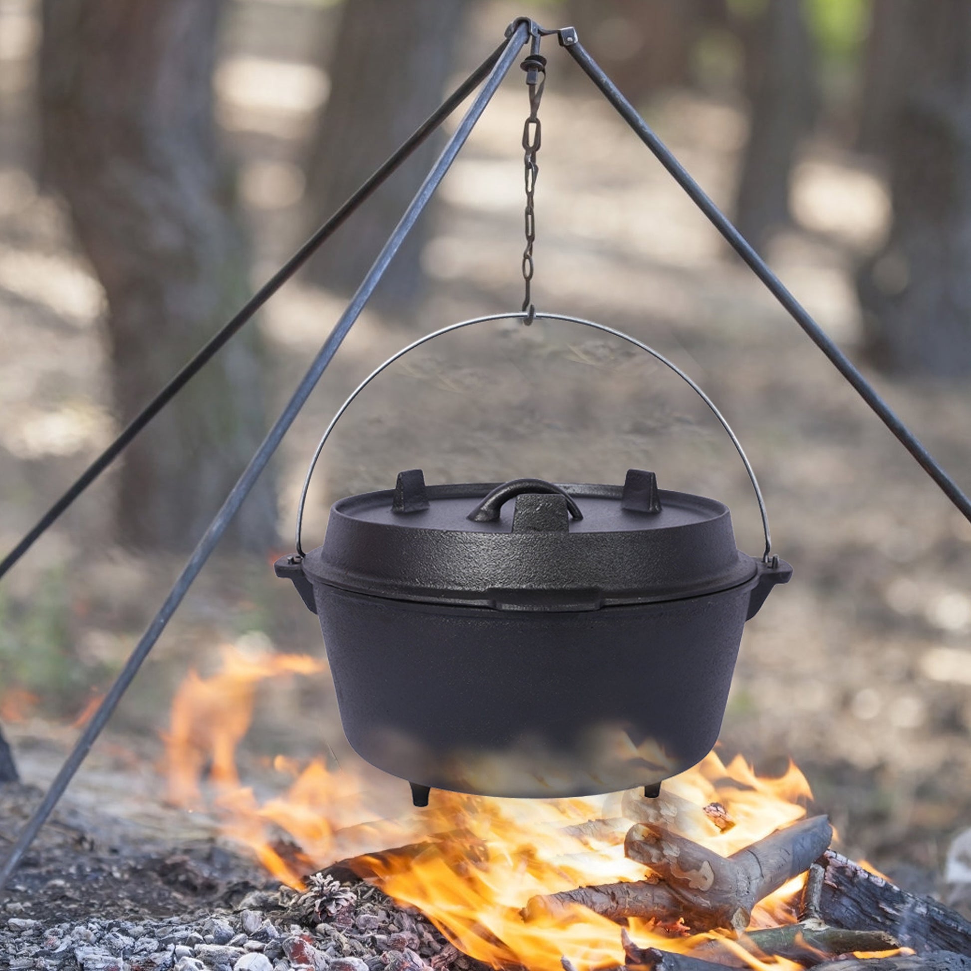 HouseOfZazla pre-seasoned cast iron Dutch oven with skillet lid, black over campfire on Tampa Home & Garden Store