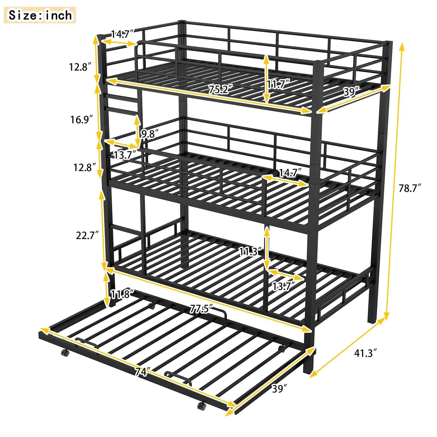 Triple Bunk Bed With Trundle in black steel by Unique Piece Furniture, heavy-duty construction on Tampa Home & Garden Store