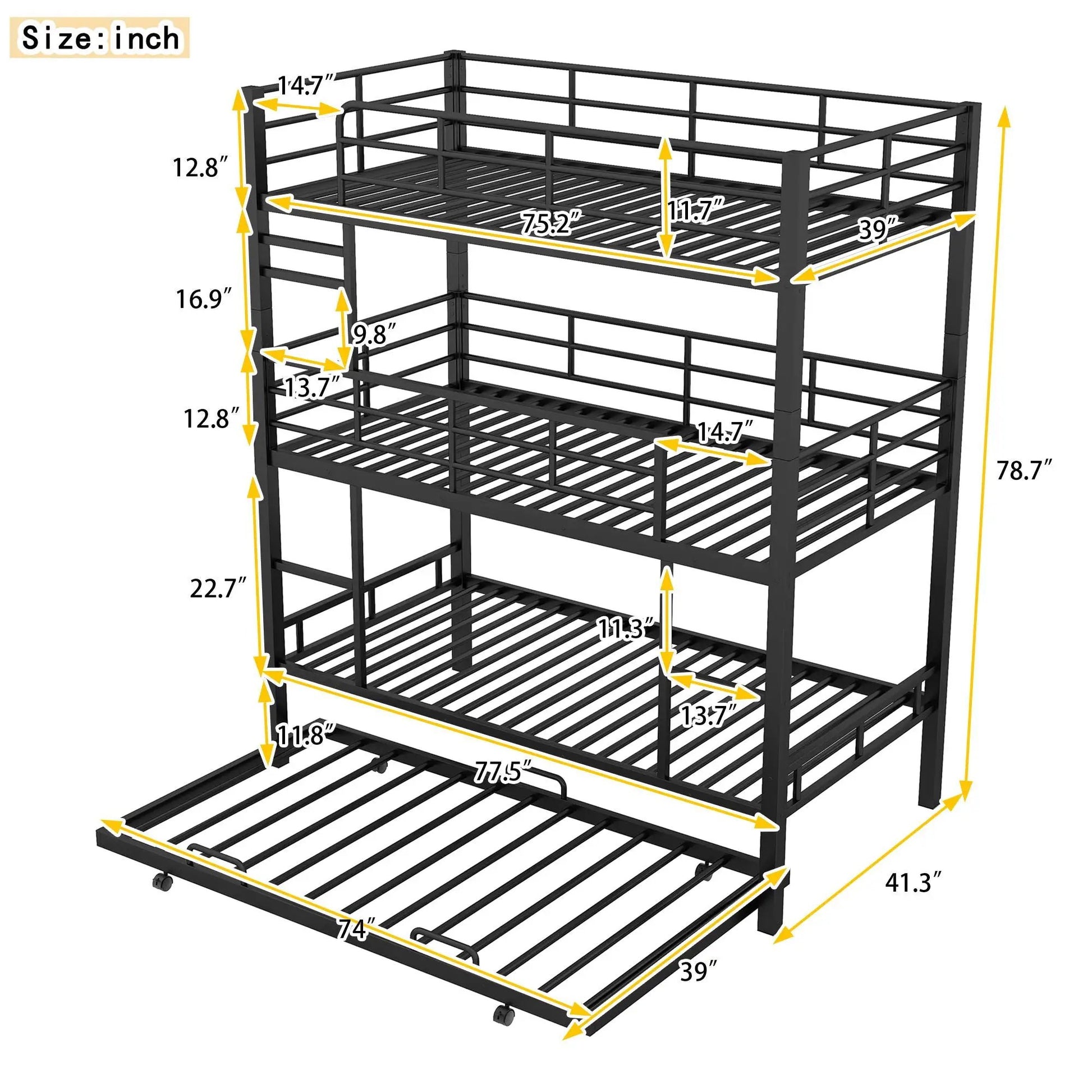 Triple Bunk Bed With Trundle in black steel by Unique Piece Furniture, heavy-duty construction on Tampa Home & Garden Store