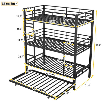Triple Bunk Bed With Trundle in black steel by Unique Piece Furniture, heavy-duty construction on Tampa Home & Garden Store