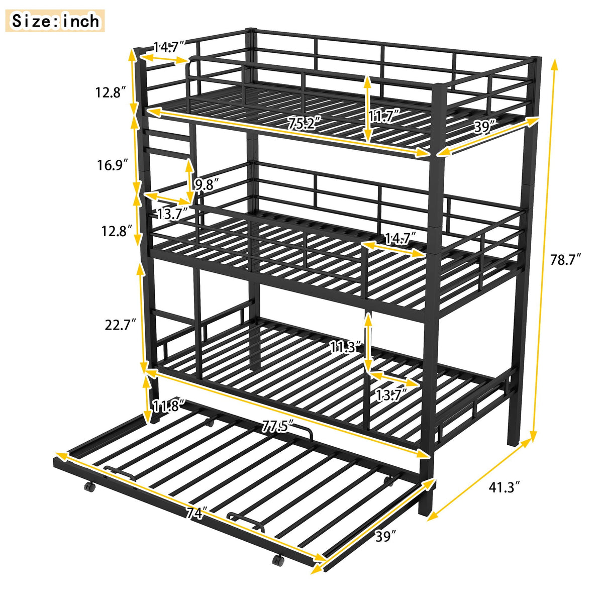 Triple Bunk Bed With Trundle by HouseOfZazla, heavy duty steel black bunk beds on Tampa Home & Garden Store