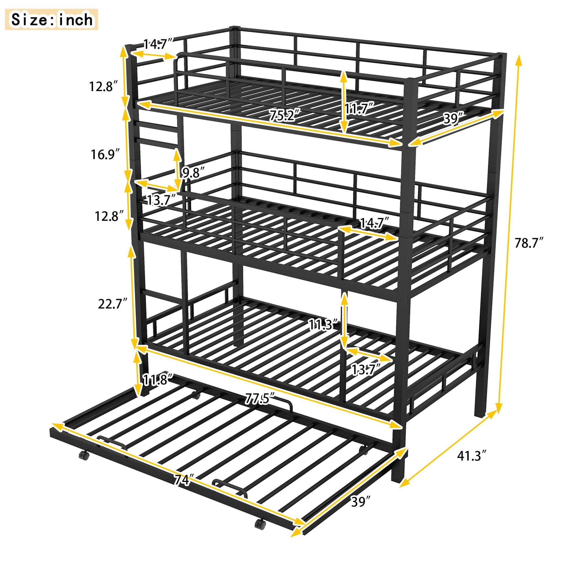 Triple Bunk Bed With Trundle by HouseOfZazla, heavy duty steel black bunk beds on Tampa Home & Garden Store